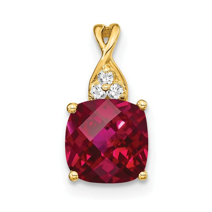 14k Yellow Gold Checkerboard Created Ruby and Diamond Pendant