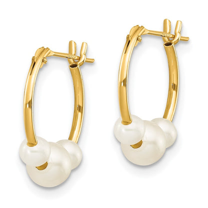 14k Yellow Gold White Semi-round Freshwater Cultured 3 Pearl Hoop Earrings