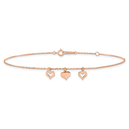 14k Rose Gold 3 Heart Dangles 9 inch Plus 1 inch Extender - Total 10 inch Anklet