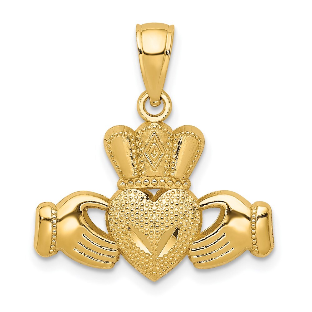 14k Yellow Gold Polished/Textured Claddagh Pendant for Women