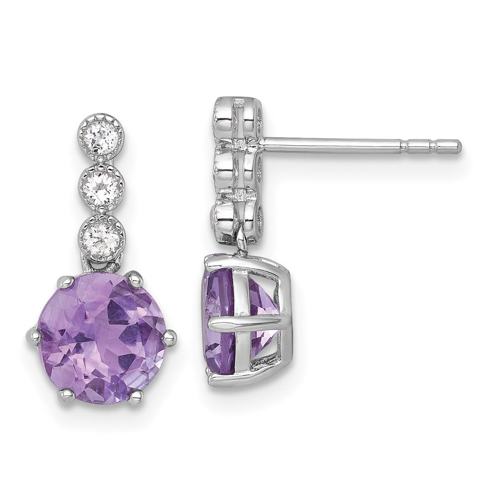 Sterling Silver Polished and Beaded Round Amethyst and Topaz Dangle Earrings