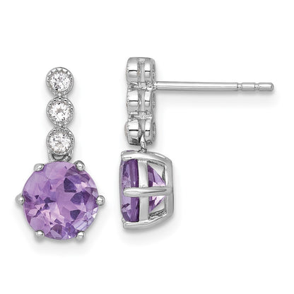 Sterling Silver Polished and Beaded Round Amethyst and Topaz Dangle Earrings