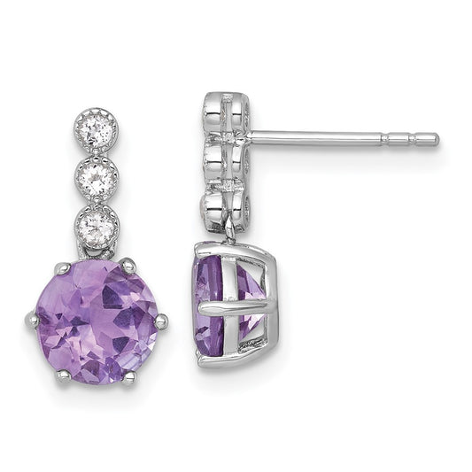 Sterling Silver Polished and Beaded Round Amethyst and Topaz Dangle Earrings