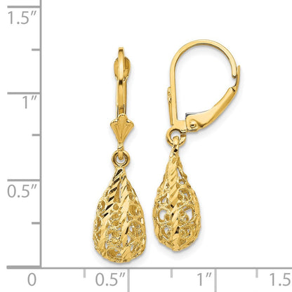 14k Yellow Gold Polished Diamond-Cut Filigree Drop Dangle Earrings