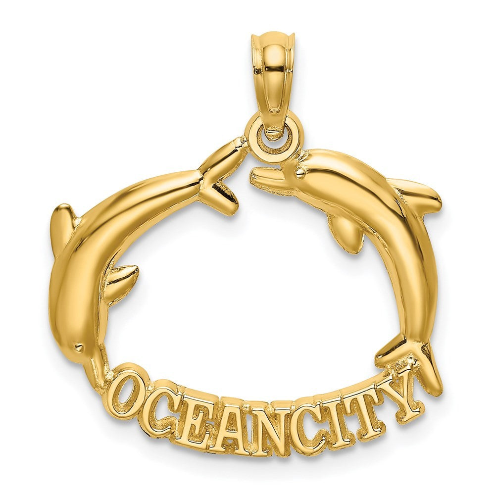 14k Yellow Gold Polished OCEAN CITY Jumping Dolphins Charm Pendant