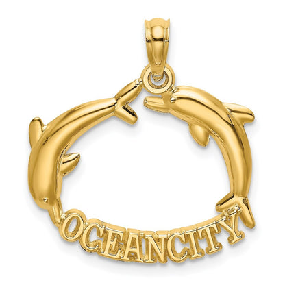 14k Yellow Gold Polished OCEAN CITY Jumping Dolphins Charm Pendant