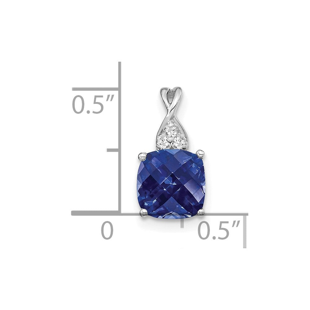 14K White Gold Checkerboard Created Sapphire and Diamond Pendant