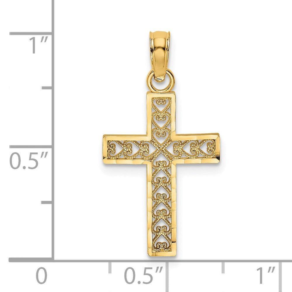 14k Yellow Gold Diamond-Cut Edge and Filigree Center Cross Charm