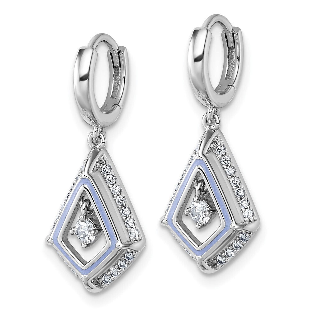 Sterling Silver Cubic Zirconia Purple Enamel Kite-shape Dangle Hoop Earrings