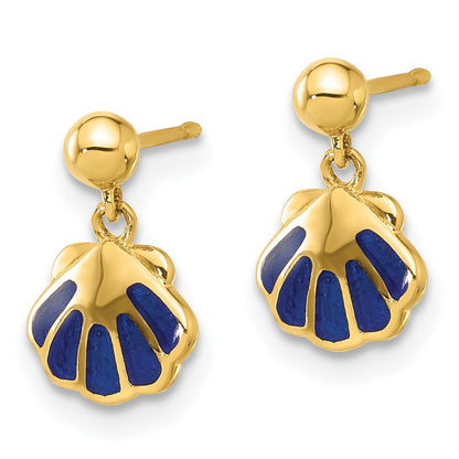 14k Yellow Gold Polished Blue Enameled Shell Dangle Earrings