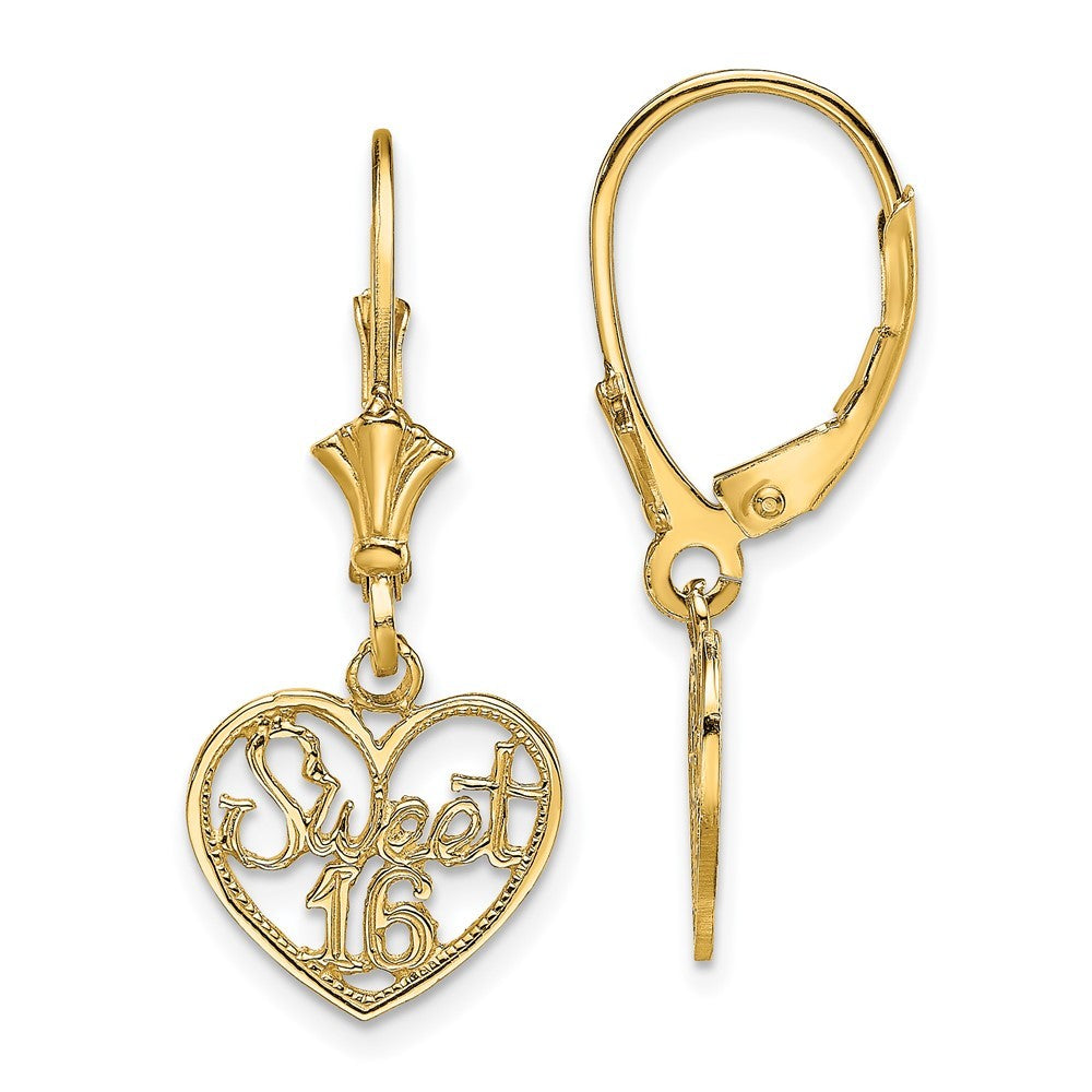 14k Yellow Gold Polished SWEET 16 in Heart Drop Dangle Earrings