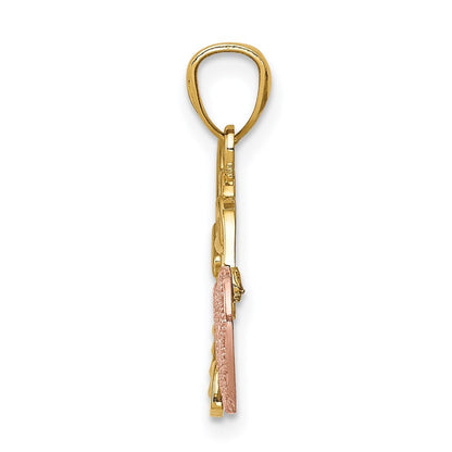 14k Two-tone Gold Polished Filigree Heart Lock and Diamond-cut Key Charm Pendant