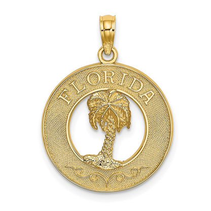 14k Yellow Gold FLORIDA Palm Tree Circle Charm Pendant for Women