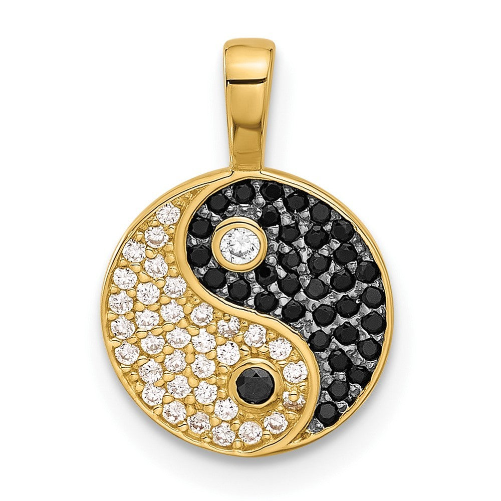 14k Yellow Gold with Rhodium Black and Clear CZ Yin and Yang Pendant