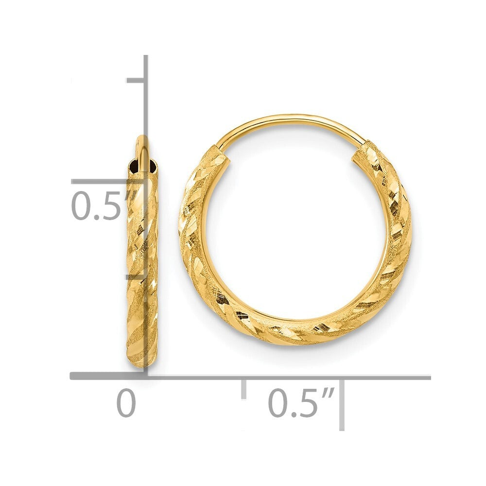 14k Yellow Gold Polished and Satin Diamond-Cut 2.00mm Endless Hoop Earrings