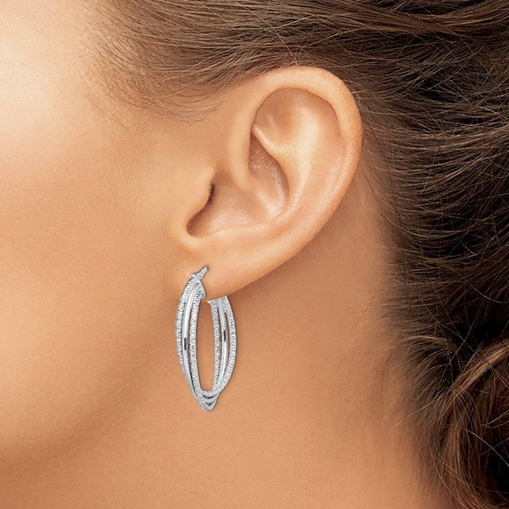 Sterling Silver Rhodium-plated Polished and Textured Triple Hoops