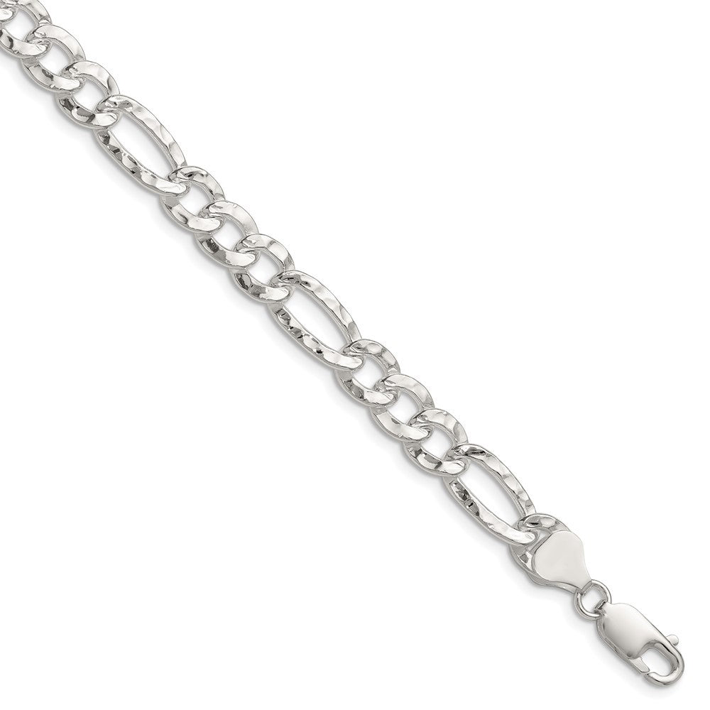 Sterling Silver 7.6mm Hammered Figaro Chain Bracelet