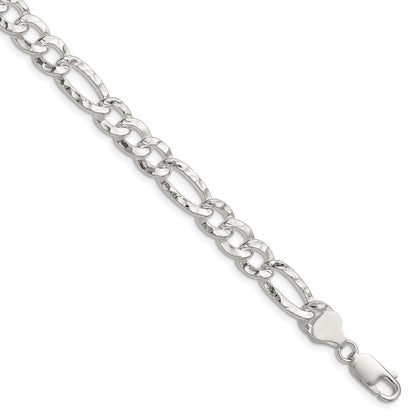 Sterling Silver 7.6mm Hammered Figaro Chain Bracelet