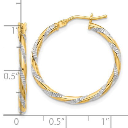 14k Yellow Gold and White Rhodium Polished Diamond-cut Hoop Earrings