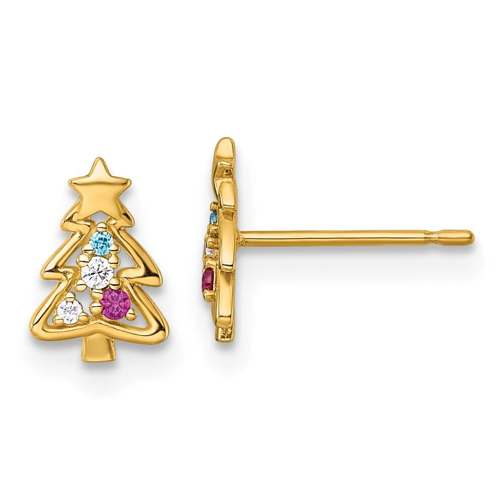 14k Yellow Gold Green Glass Red & Cubic Zirconia Christmas Tree Stud Earrings