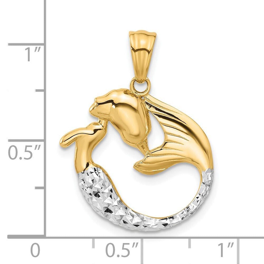 14k Yellow Gold with White Rhodium Diamond Cut Mermaid Pendant