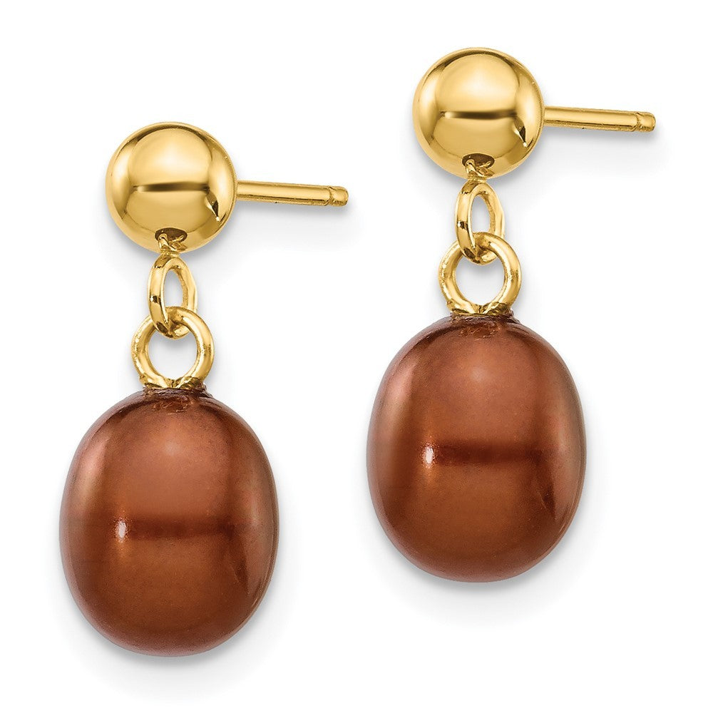 14k Yellow Gold 6-7mm Brown Rice Freshwater Cultured Pearl Dangle Earrings