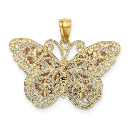 14k Two-tone Gold White Rhodium Cut-out 2-level Butterfly Pendant