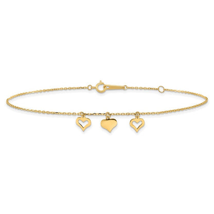 14k Yellow Gold Three Heart Dangles 10" Anklet