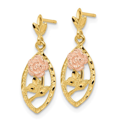 14k Two-tone Gold Textured Flower Dangle Earrings