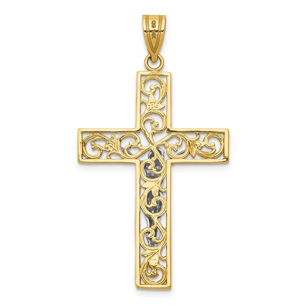 14k Two-tone Gold Diamond-Cut Large Block Filigree Crucifix Pendant for Women