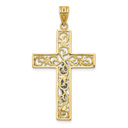 14k Two-tone Gold Diamond-Cut Large Block Filigree Crucifix Pendant for Women