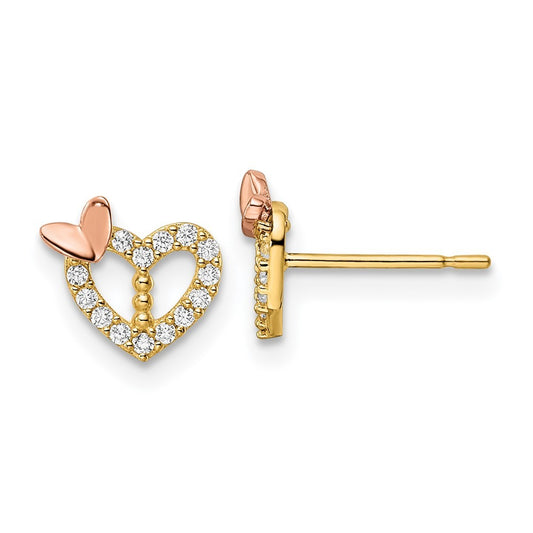 14k Two-tone Gold CZ Heart w/Butterfly Earrings