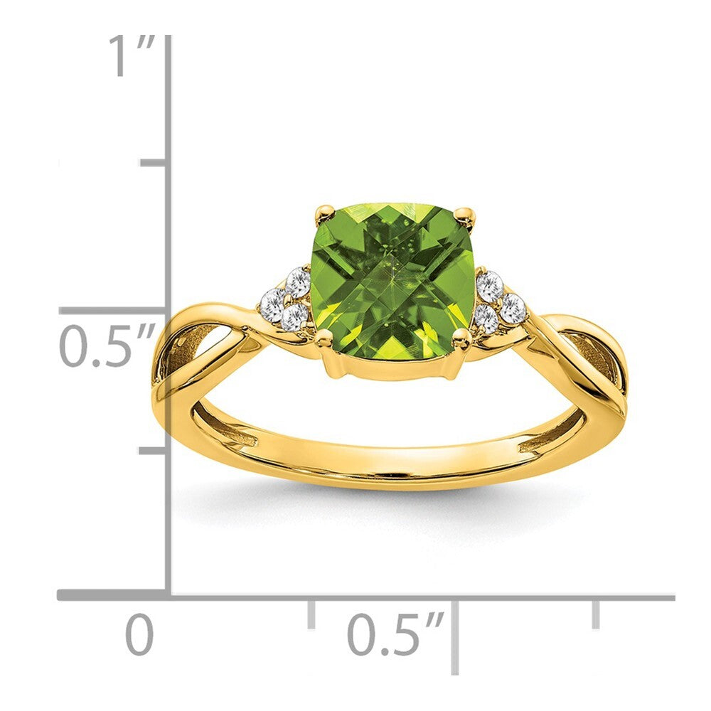 14K Yellow Gold Checkerboard Peridot and Diamond Ring Size 7