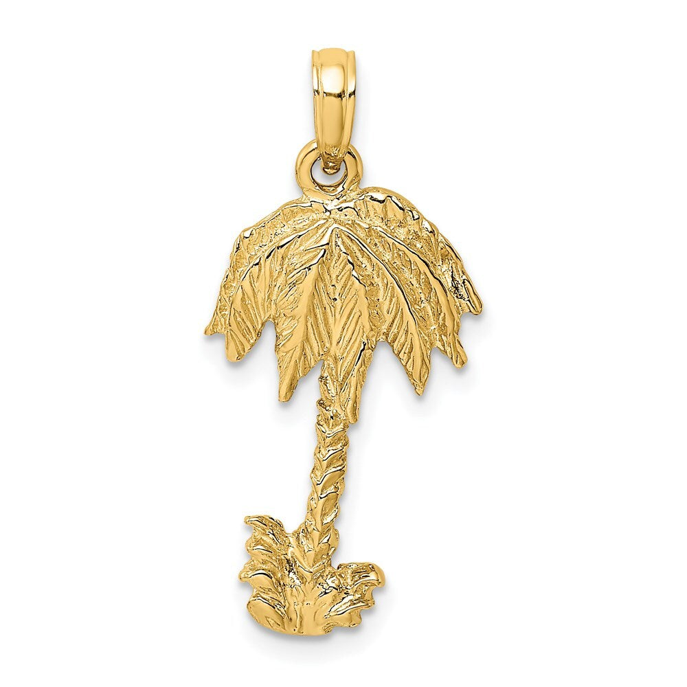 14k Yellow Gold 2-D Textured Single Palm Tree Charm Pendant for Women