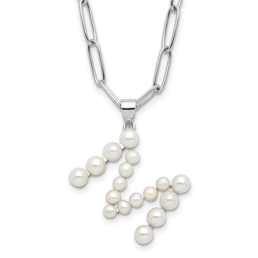 Sterling Silver 3-5.5mm White Button Cultured Pearl LETTER M Necklace 18"