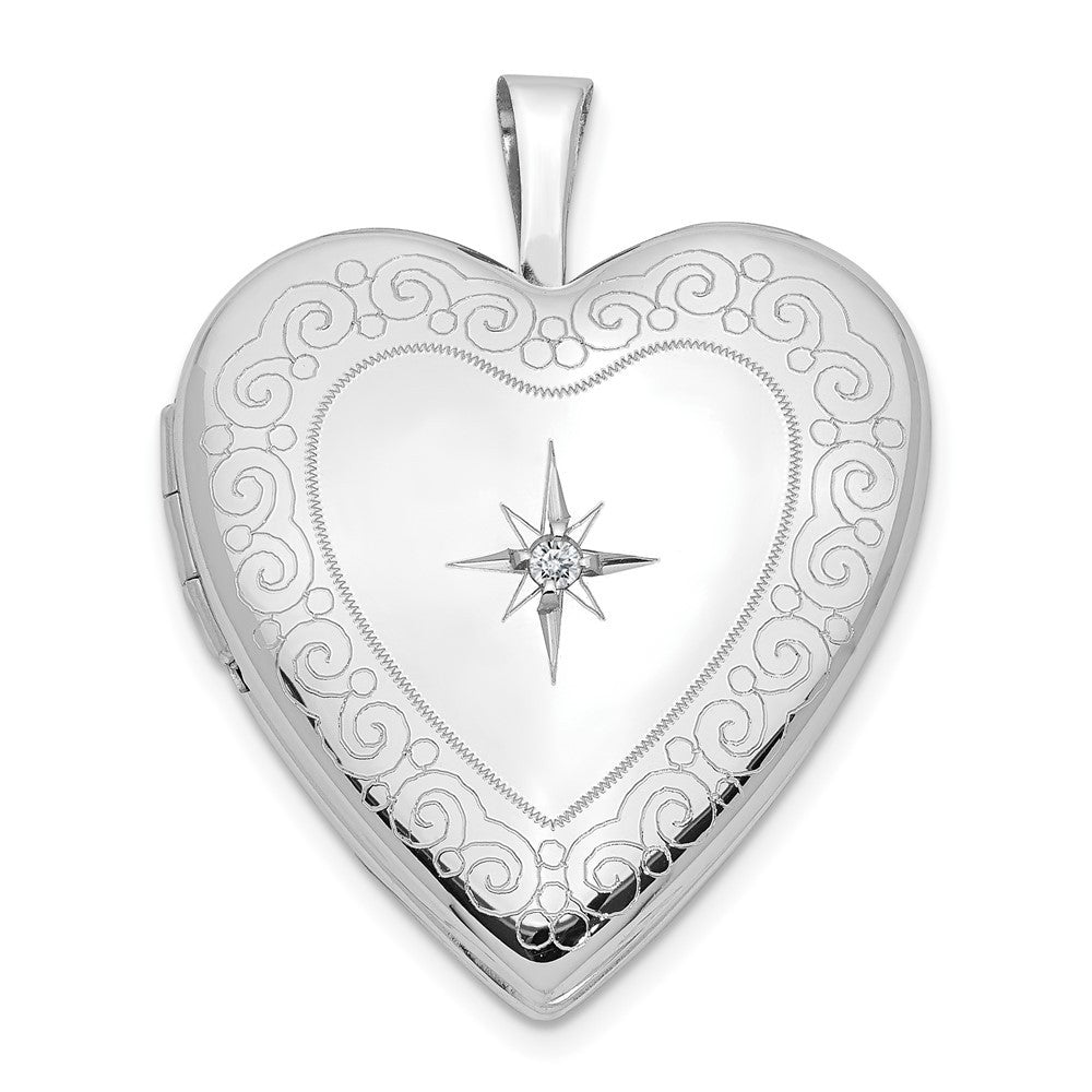 14k White Gold Diamond Side Swirl Edge 20mm Heart Locket