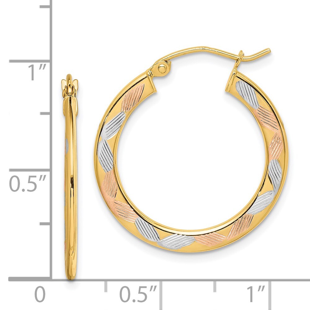 14k Yellow Gold White and Rose Rhodium Diamond-cut Hoop Earrings Gift for Women