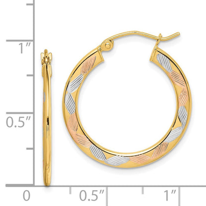 14k Yellow Gold White and Rose Rhodium Diamond-cut Hoop Earrings Gift for Women