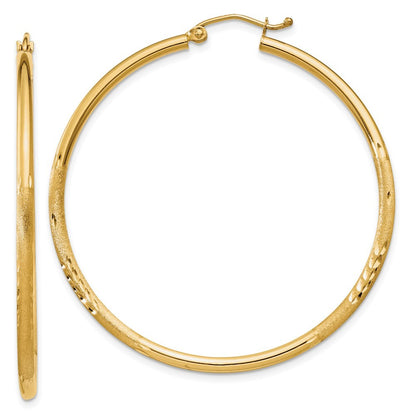 14k Yellow Gold Satin and Diamond-cut 2mm Round Tube Hoop Earrings