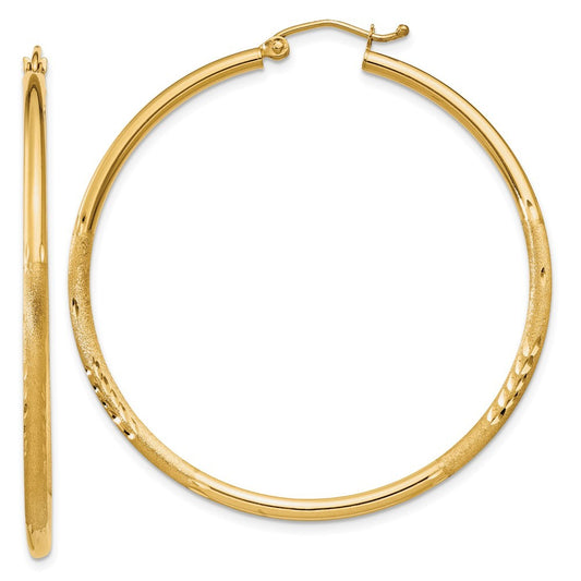 14k Yellow Gold Satin and Diamond-cut 2mm Round Tube Hoop Earrings