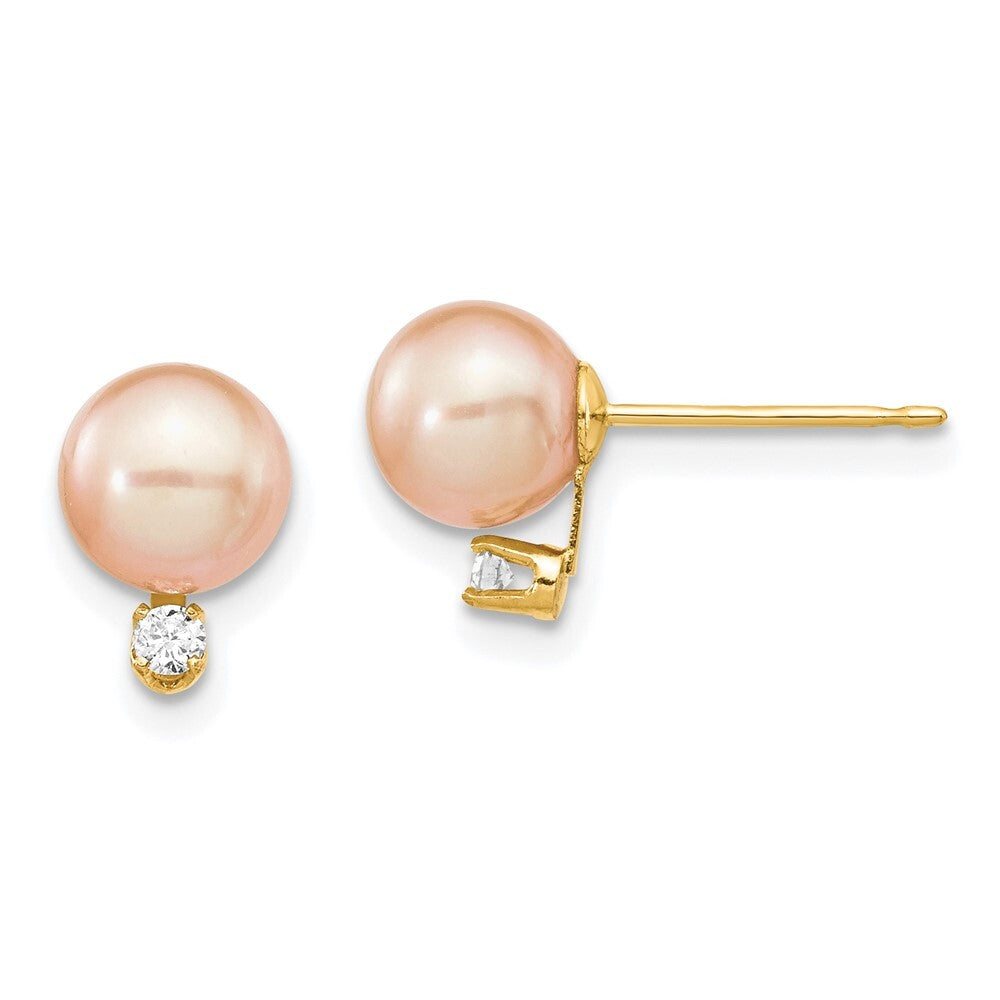 14k Yellow Gold 6-7mm Pink Cultured Pearl & .06 Carat Diamond Stud Earrings