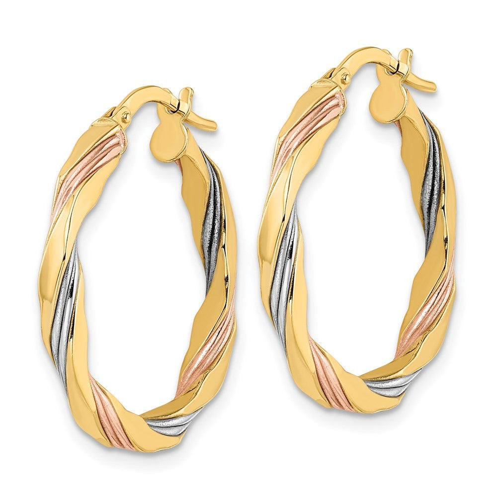 14k Yellow Gold W/Rose & White Rhodium Polished Twisted Hoop Earrings