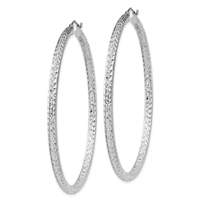 Sterling Silver Rhodium-plated Diamond-cut 3x60mm Hoop Earrings