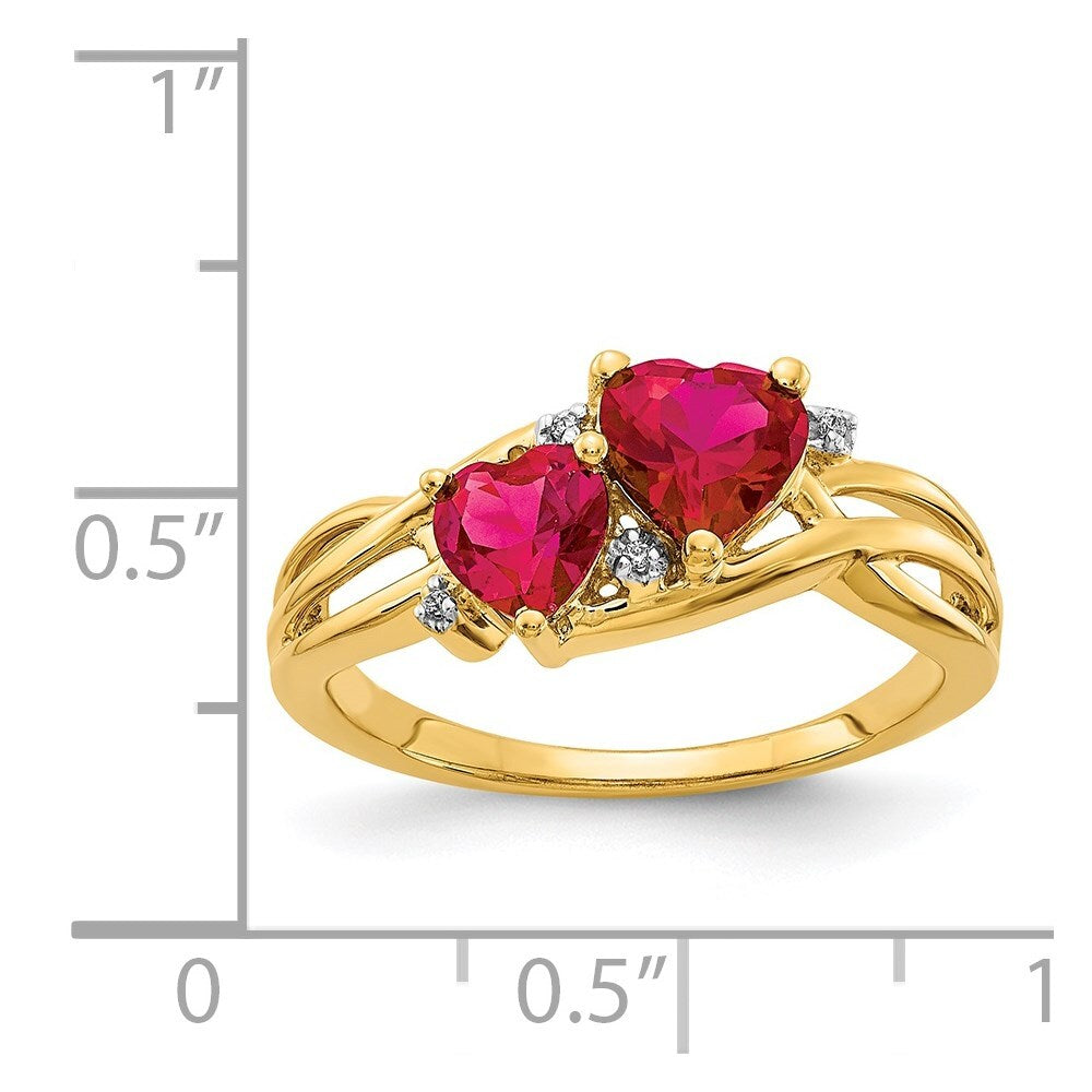 14K Yellow Gold Lab Created Ruby and Diamond Double Heart Ring Size 7