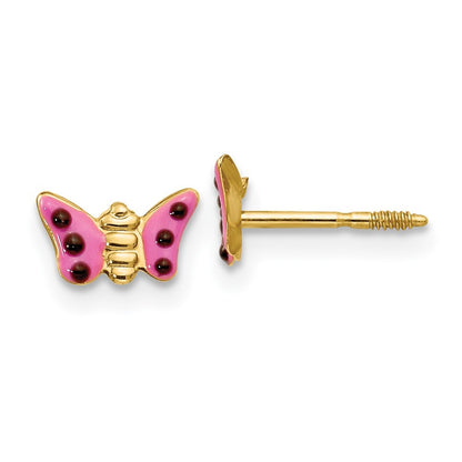 14k Yellow Gold Pink Enameled Butterfly Stud Earrings Gift for Women