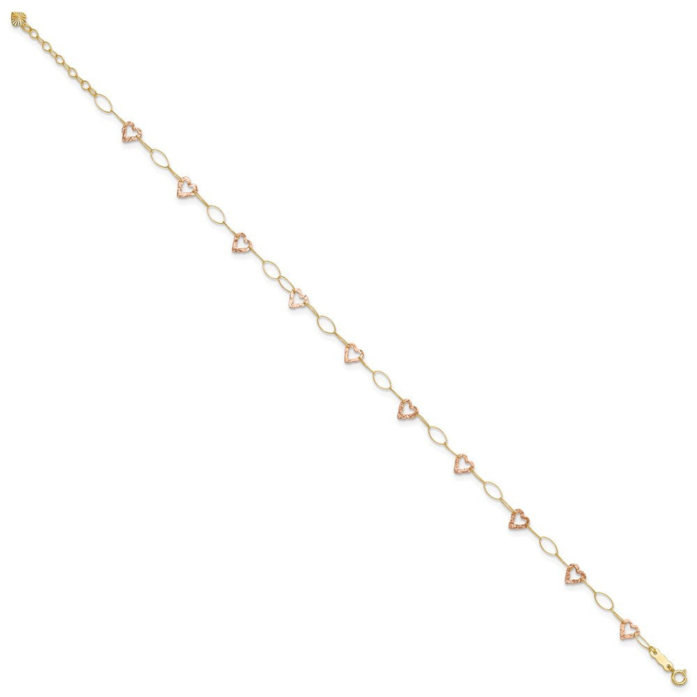 14k Two-tone Hammered Open Hearts and Oval Link 10" Anklet