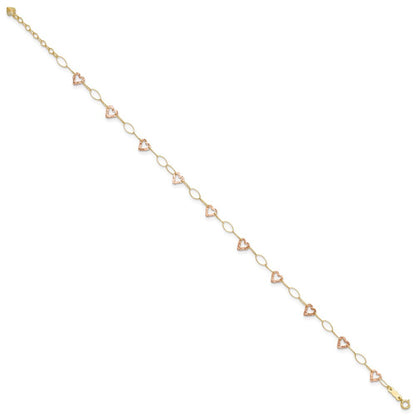 14k Two-tone Hammered Open Hearts and Oval Link 10" Anklet
