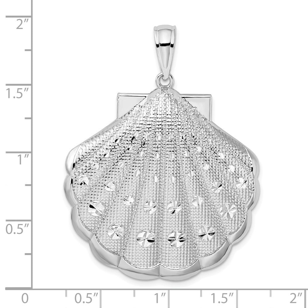 Sterling Silver Rhodium-Plated Diamond-Cut Large Scallop Shell Pendant