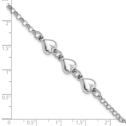 Sterling Silver Rhodium Plated Polished Triple Heart Charm Bracelet