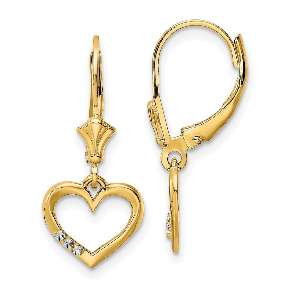 14k Yellow Gold & White Rhodium Diamond-Cut Heart Leverback Earrings